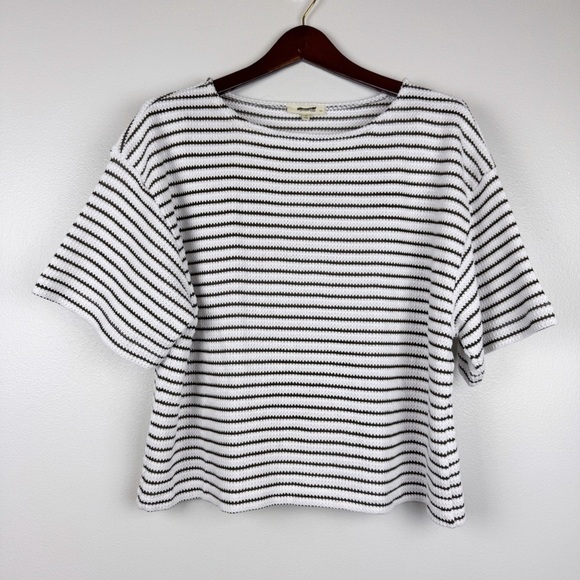 Madewell Embroidered Boxy Knit Short Sleeve Tee Stripe White Brown Size M NWT - Picture 4 of 8